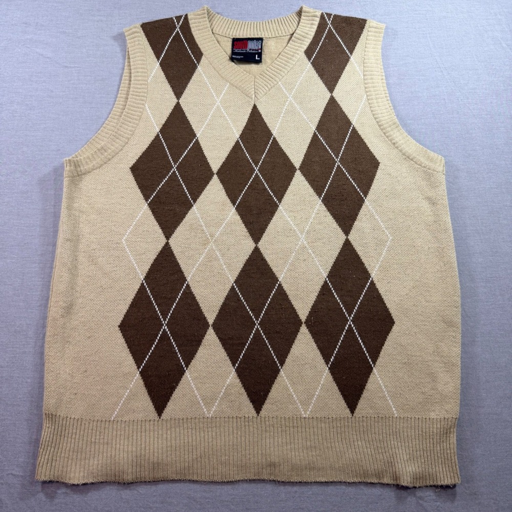 Southpole Sweater Vest Mens Large Tan Brown Excellent Argyle V-Neck Knit 1773